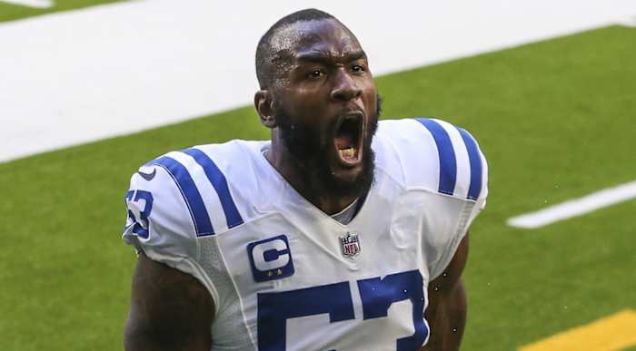Indianapolis Colts linebacker Darius Leonard shouts after a road win at Houston.